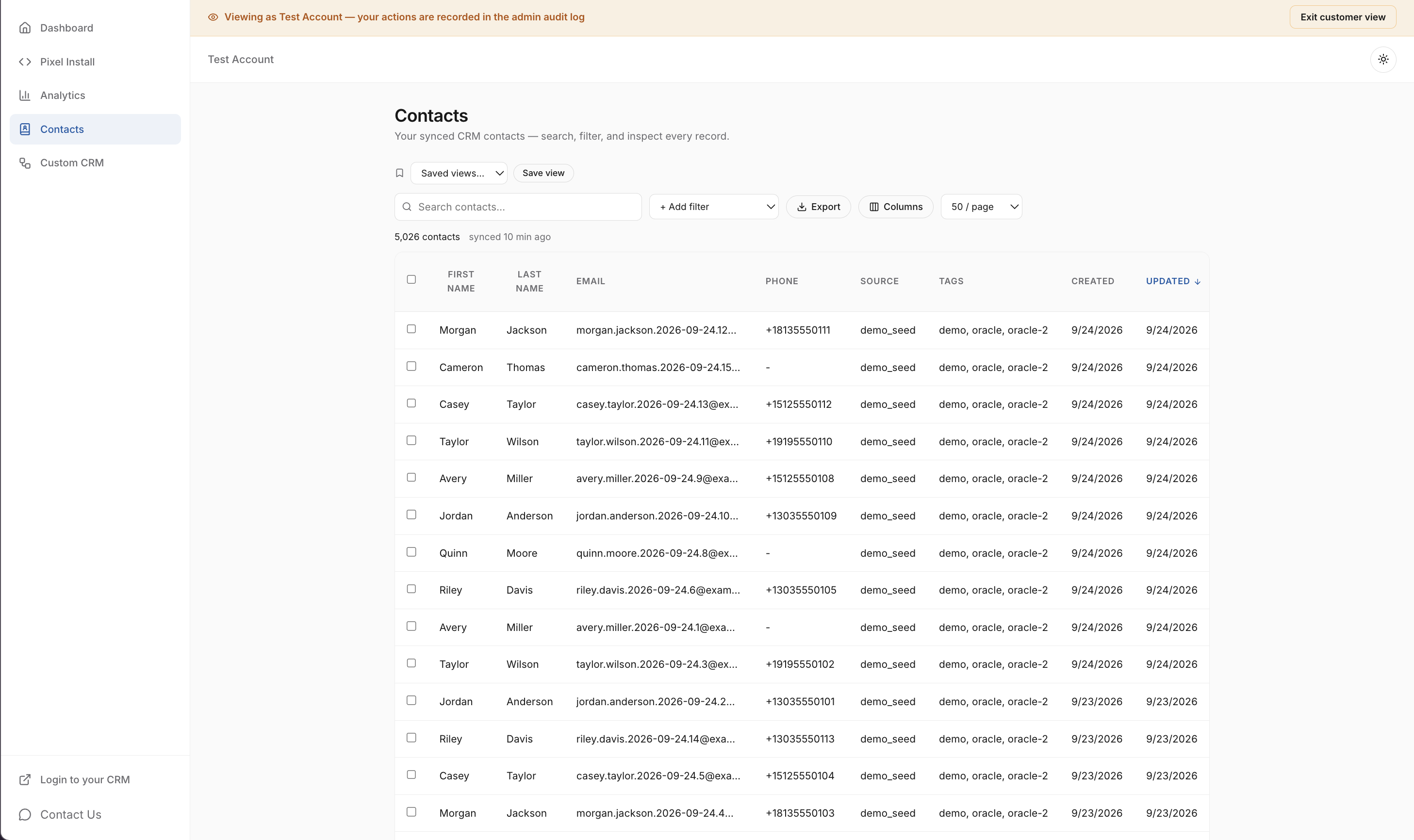 White-label portal showing the Contacts dashboard and CRM contact list